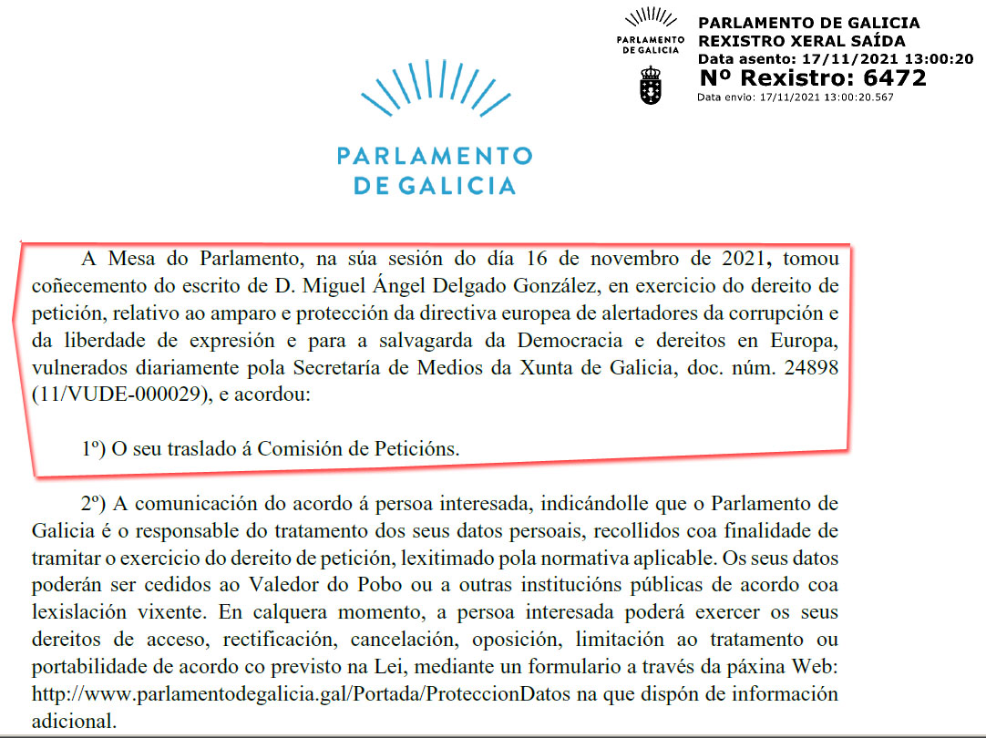 registro del parlamento Galicia mar sanchez sierra secretaria de medios