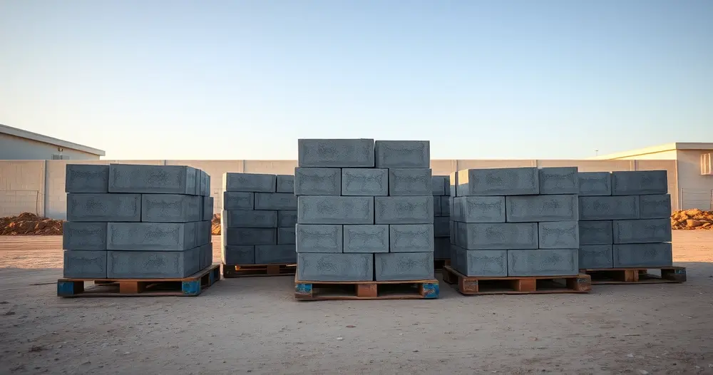Paletes com blocos de cimento recém descarregados em terreno de obra residencial