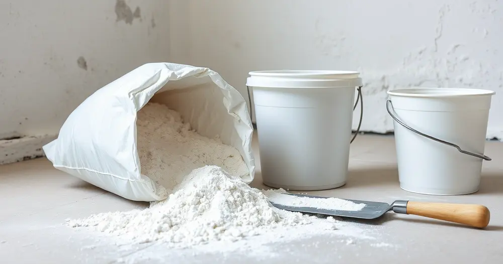 Saco de gesso aberto ao lado de caçamba plástica e desempenadeira em ambiente em reforma
