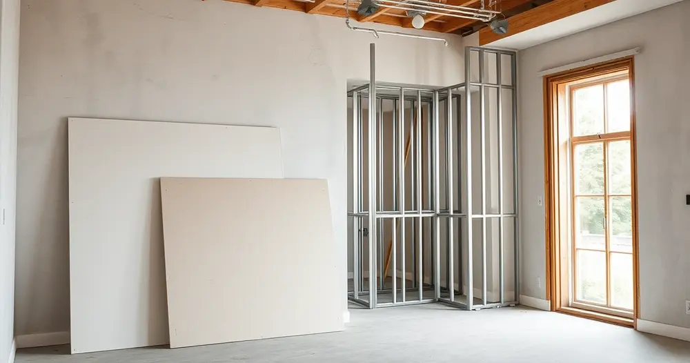 Chapas de drywall encostadas em ambiente com estrutura de perfis metálicos já montada