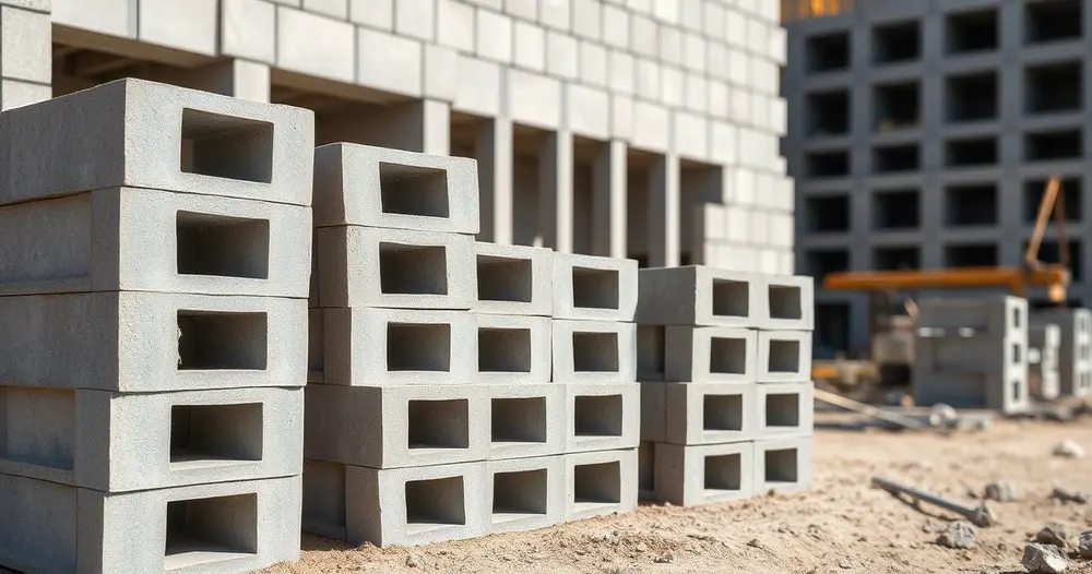 Pilha de blocos de concreto de vedação empilhados ao lado de parede em construção