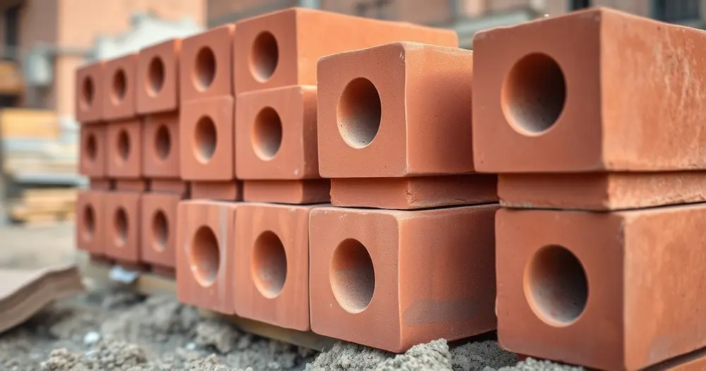 Tijolos cerâmicos de oito furos empilhados ao lado de parede em construção