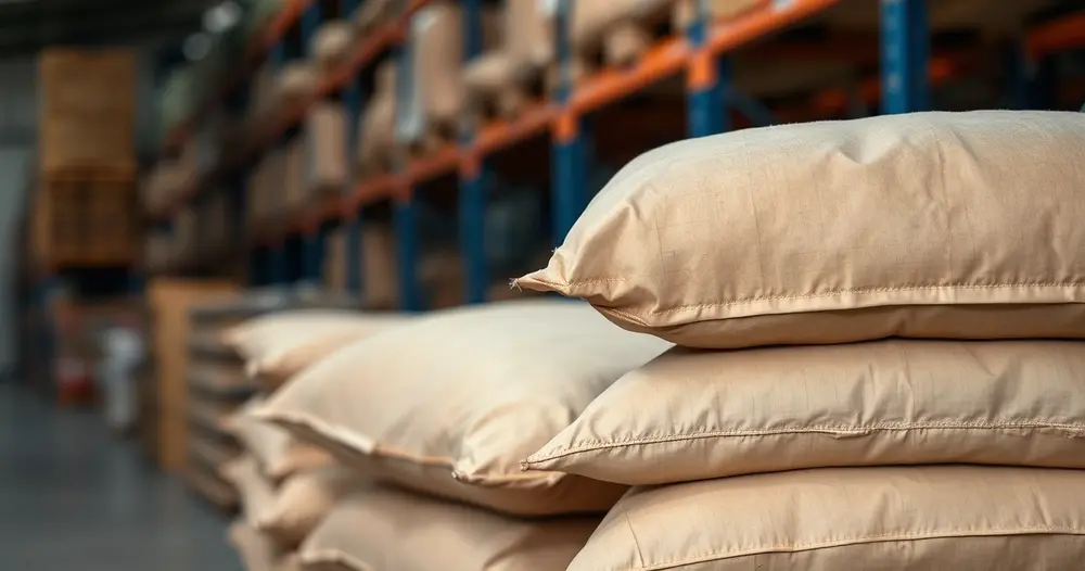 Pilha de sacos de cimento sobre palete em depósito de material de construção