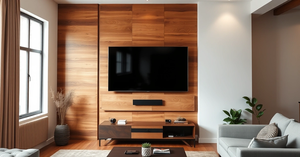 televisão instalada em painel de madeira na sala de estar